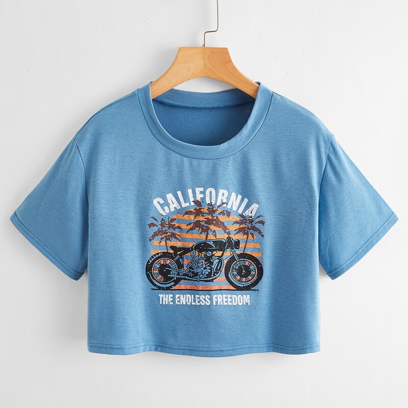 

Letter Tropical & Motorcycle Graphic Crop Tee, Blue