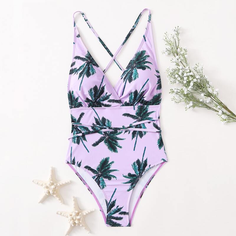 

Coconut Tree Print Crisscross One Piece Swimsuit, Purple
