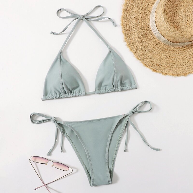 

Solid Triangle Halter Bikini Swimsuit, Green