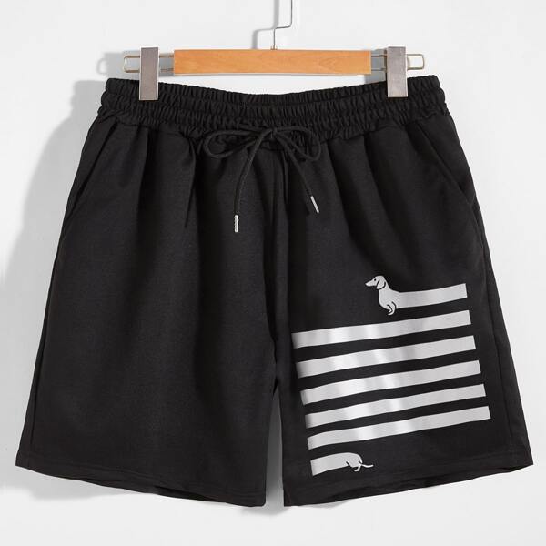 

Men Reflective Dog & Striped Print Drawstring Waist Track Shorts, Black