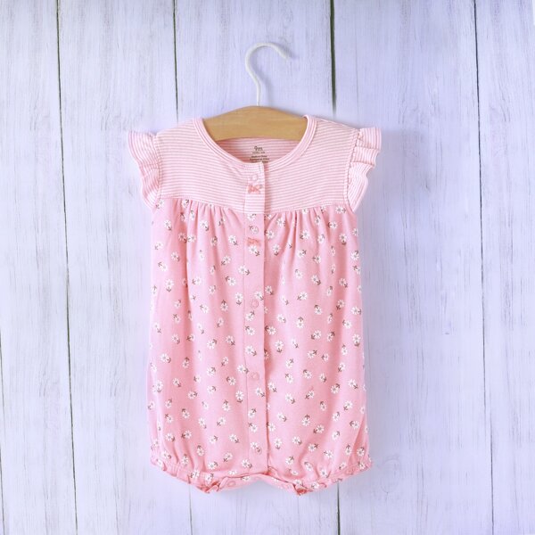 

Baby Girl Ditsy Floral And Striped Romper, Baby pink