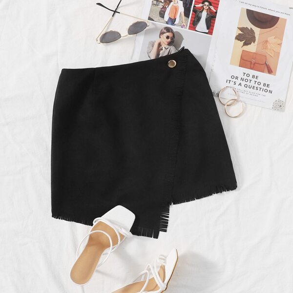 

Fringe Trim Wrap Button Asymmetrical Hem Skirt, Black