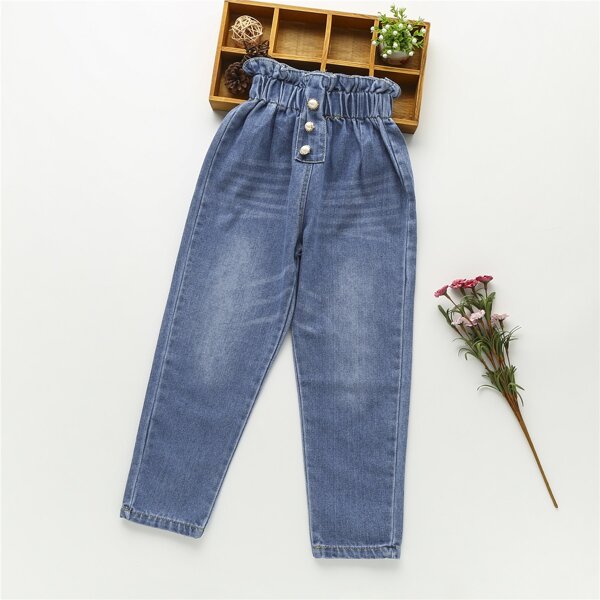 

Girls Paper Bag Waist Jeans, Medium wash
