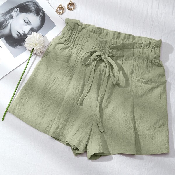 

Drawstring Frill Waist Solid Shorts, Mint green