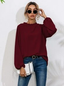 Frill Neck Bishop Sleeve Blouse - Burgundy - View 1