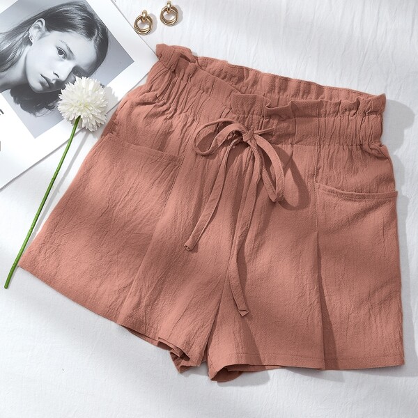 

Drawstring Frill Waist Solid Shorts, Redwood