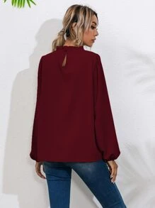 Frill Neck Bishop Sleeve Blouse - Burgundy - View 2