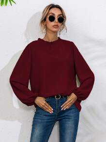 Frill Neck Bishop Sleeve Blouse - Burgundy - View 3