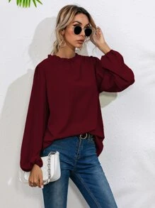 Frill Neck Bishop Sleeve Blouse - Burgundy - View 4