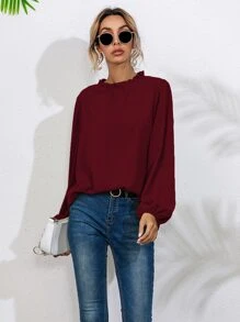 Frill Neck Bishop Sleeve Blouse - Burgundy - View 5