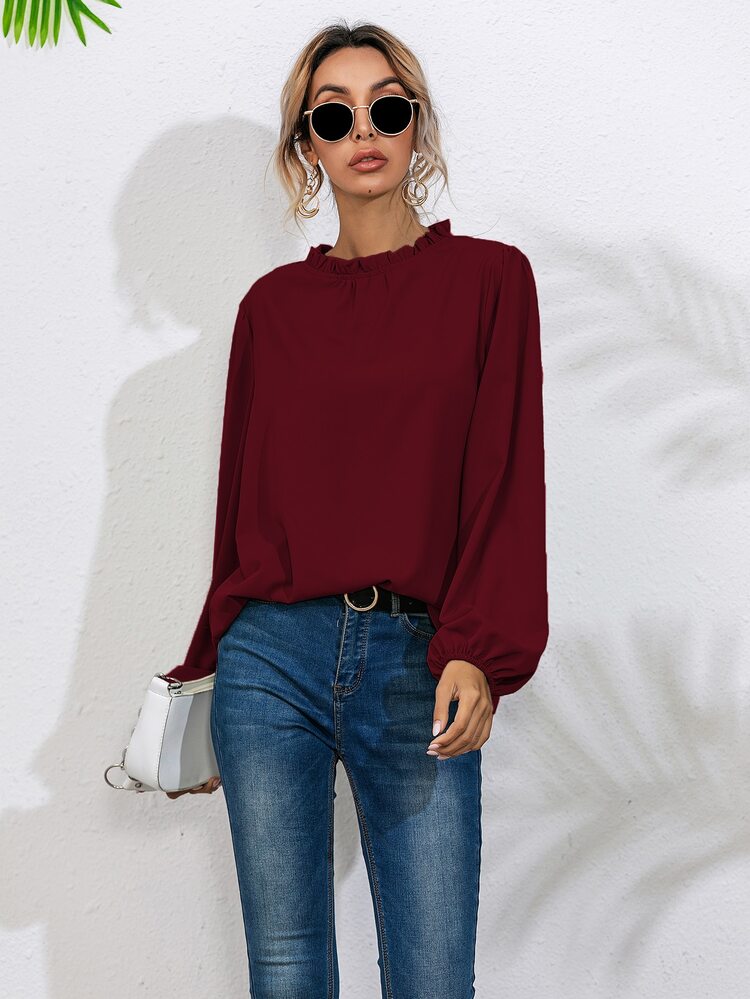 Gola Plissada Simples ocasional Blusa - Vinho - Visão 5