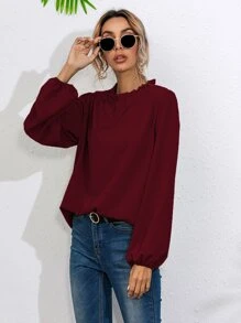 Frill Neck Bishop Sleeve Blouse - Burgundy - View 6