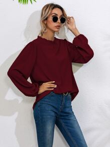 Frill Neck Bishop Sleeve Blouse - Burgundy - View 7