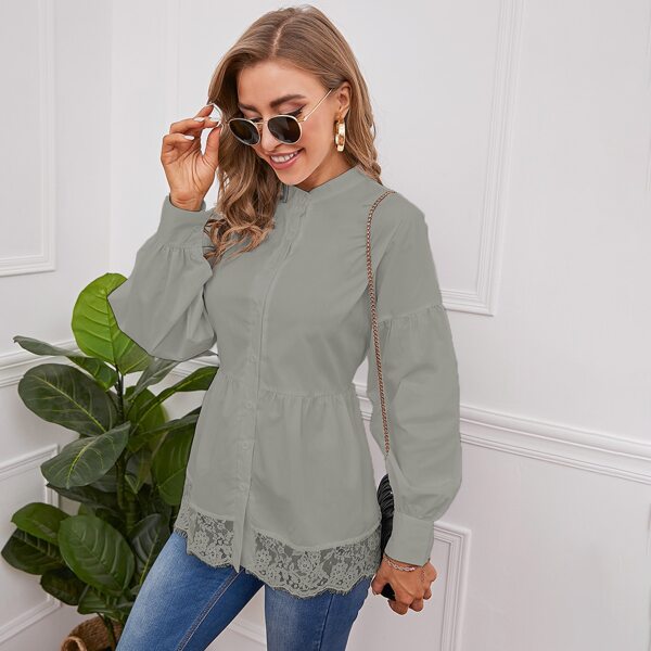 

Contrast Lace Drop Shoulder Blouse, Light grey