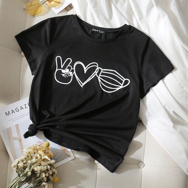 

Figure & Heart Print Tee, Black