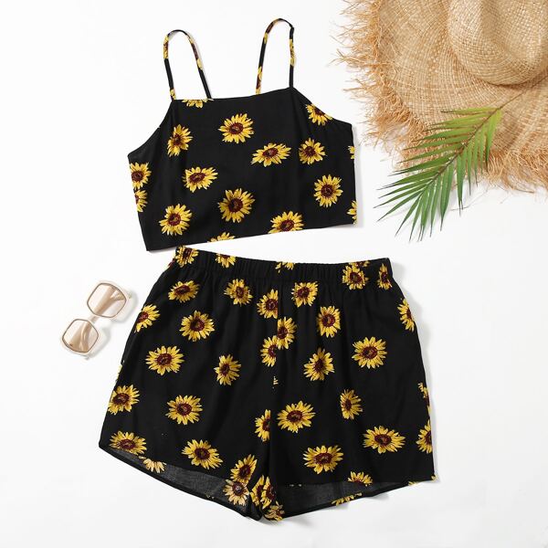

Plus Sunflower Tie Back Cami Top & Shorts, Multicolor