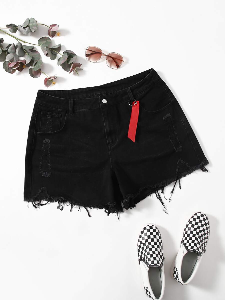 Shorts mezclilla rotos con cinta bajo crudo-grande - Negro - Ver 1