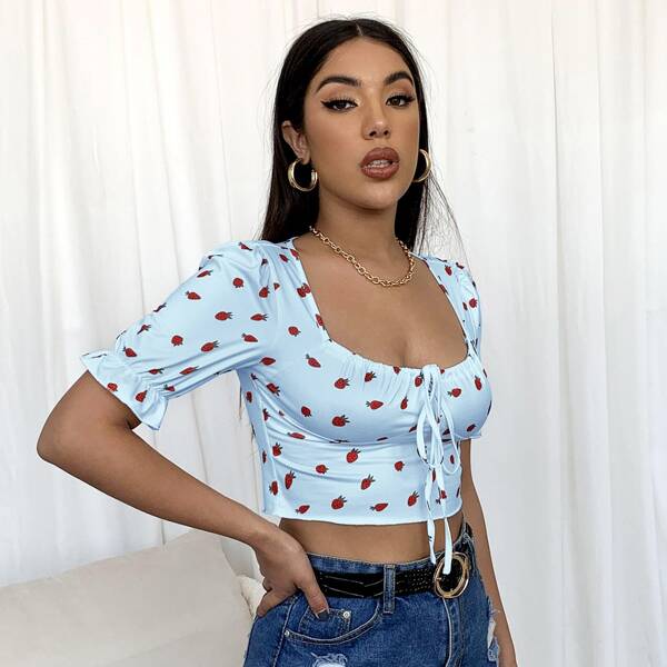 

Strawberry Print Knot Detail Tee, Baby blue