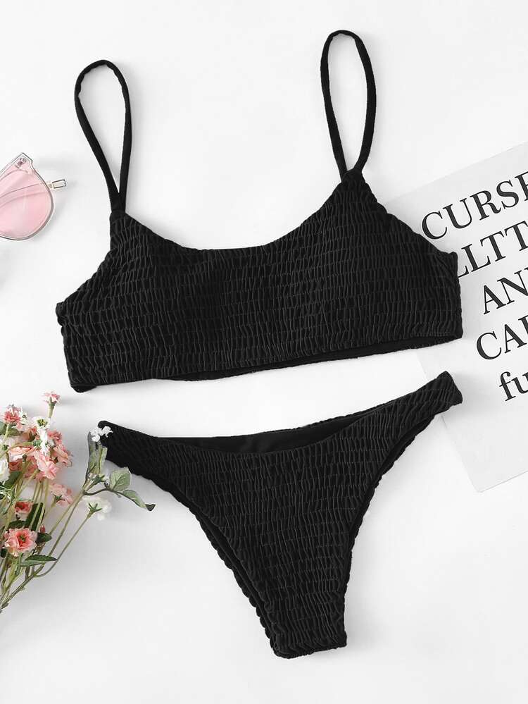 Plain Smocked Bikini For Summer Beach Vocation - Black - View 1