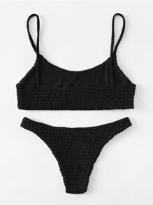 Bikini liso con detalle fruncido para vacaciones de verano en la playa - Negro - View 2