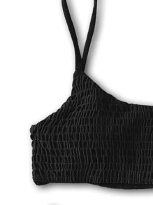 Bikini liso con detalle fruncido para vacaciones de verano en la playa - Negro - View 4