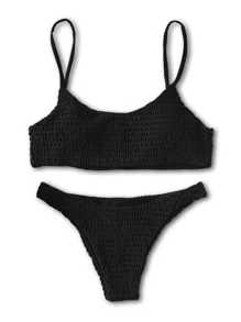 Bikini liso con detalle fruncido para vacaciones de verano en la playa - Negro - View 5