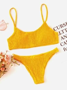 Plain Smocked Bikini For Summer Beach Vocation - Yellow - View 1