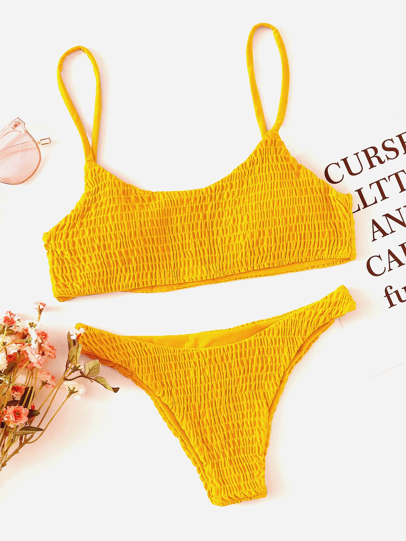 Plain Smocked Bikini For Summer Beach Vocation - Yellow - View 1