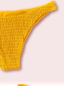 Plain Smocked Bikini For Summer Beach Vocation - Yellow - View 3