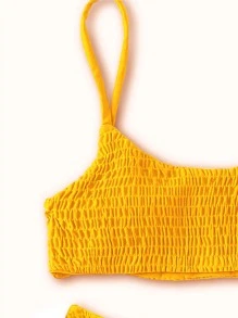Plain Smocked Bikini For Summer Beach Vocation - Yellow - View 4