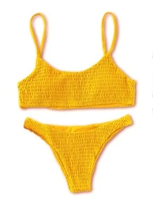 Plain Smocked Bikini For Summer Beach Vocation - Yellow - View 5