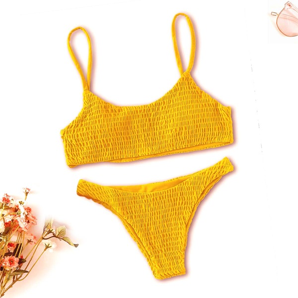 

Plain Smocked Bikini Swimsuit, Yellow