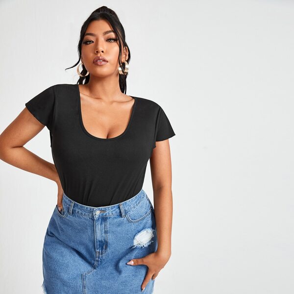 

Plus Solid Scoop Neck Tee, Black