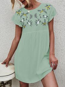 Vestido smock con bordado - verde menta - Ver 1