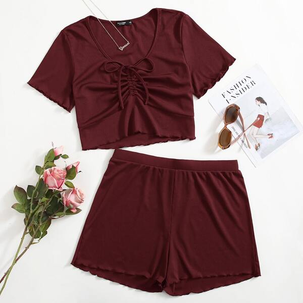 

Plus Ribbed Drawstring Front Lettuce Trim Tee & Shorts, Maroon