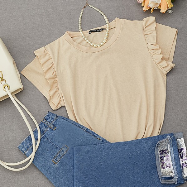 

Ruffle Trim Solid Tee, Apricot