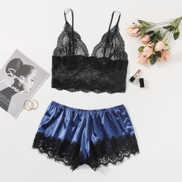 

Plus Floral Lace Bralette With Satin Shorts, Black