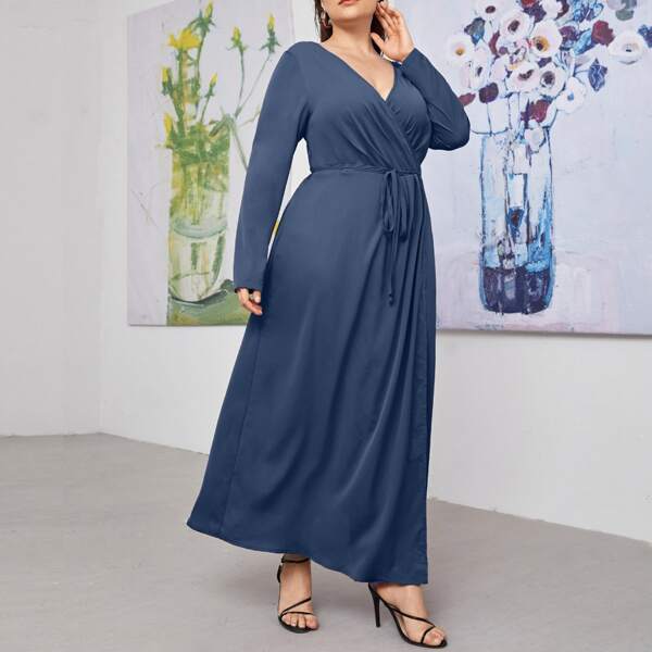 

Plus Solid Belted Maxi Wrap Dress, Dusty blue