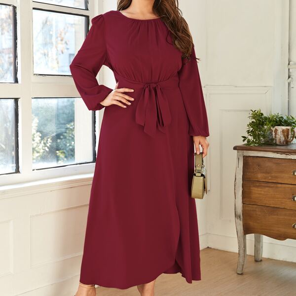 

Plus Bishop Sleeve Tie Front Dress, Burgundy