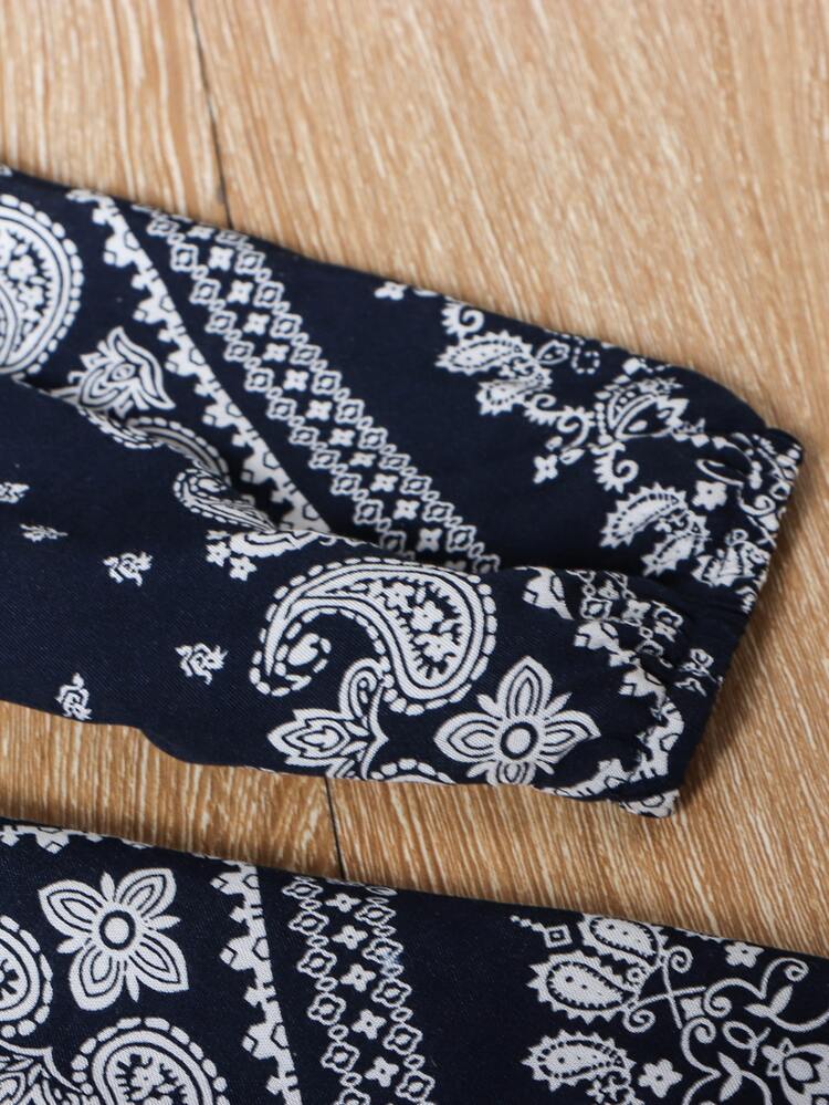 SHEIN LUNE Plus Tie Neck Scarf Print Long Blouse - Blue and White - View 3