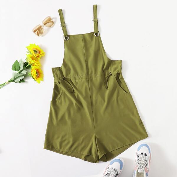 

Plus Drawstring Waist Slant Pocket Pinafore Romper, Olive green