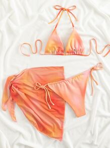 Swim Vcay Summer Beach Ombre Bikini Set, Halter Triangle Bikini Top & Tie Side Bikini Bottom & Cover Up Skirt 3 Pieces Bikini, Bathing Suit - Orange - View 2