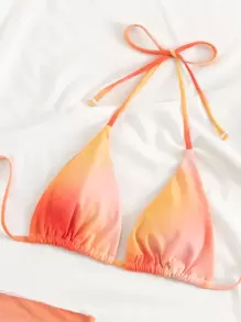 Swim Vcay Summer Beach Ombre Bikini Set, Halter Triangle Bikini Top & Tie Side Bikini Bottom & Cover Up Skirt 3 Pieces Bikini, Bathing Suit - Orange - View 3