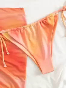 Swim Vcay Summer Beach Ombre Bikini Set, Halter Triangle Bikini Top & Tie Side Bikini Bottom & Cover Up Skirt 3 Pieces Bikini, Bathing Suit - Orange - View 4