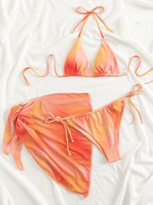 Swim Vcay Summer Beach Ombre Bikini Set, Halter Triangle Bikini Top & Tie Side Bikini Bottom & Cover Up Skirt 3 Pieces Bikini, Bathing Suit - Orange - View 5