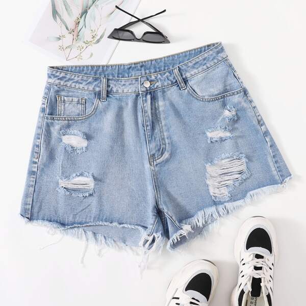 

Plus Ripped Raw Hem Denim Shorts, Light wash