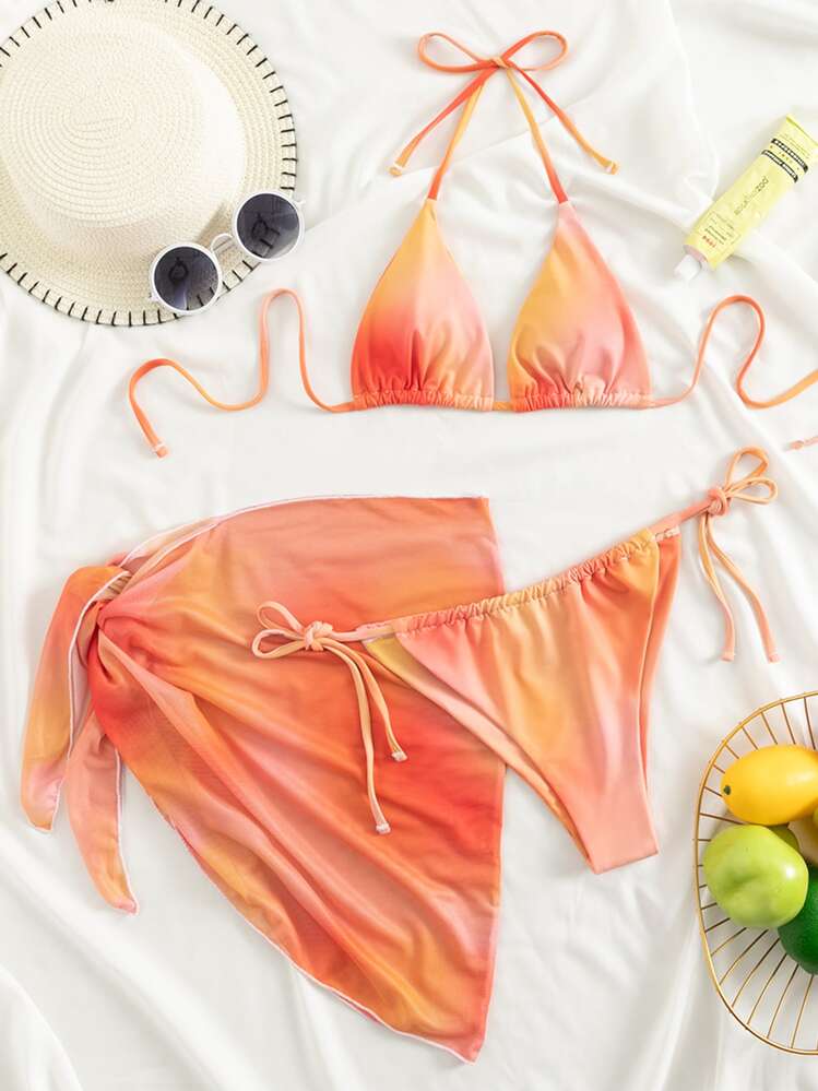Swim Vcay Conjunto de bikini de 3 piezas con degradado de verano, top de bikini triangular de aro y fondo de bikini con lazo lateral y falda pareo - Naranja - Añade 6
