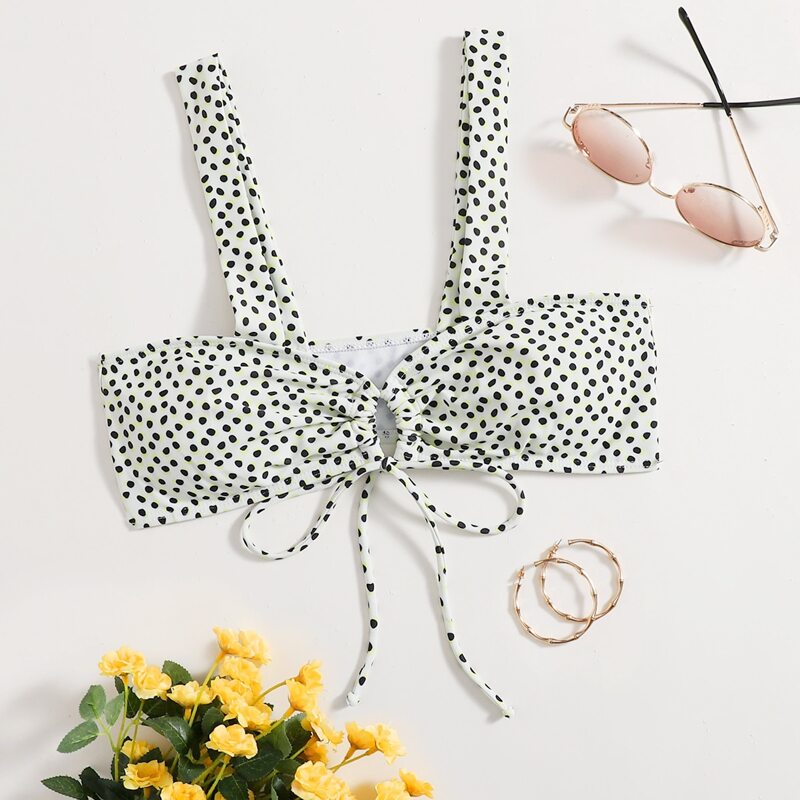 

Dalmatian Drawstring Cut Out Bikini Top, Black and white