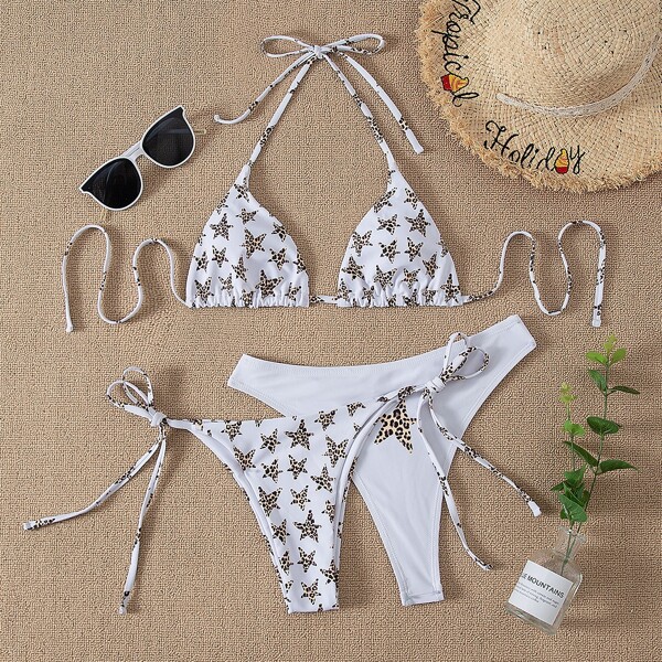 

3pack Star Print Halter Triangle Bikini Swimsuit, Multicolor