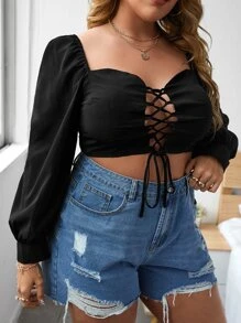 Mulvari Plus Sweetheart Lace-up Front Crop Top - Black - View 3
